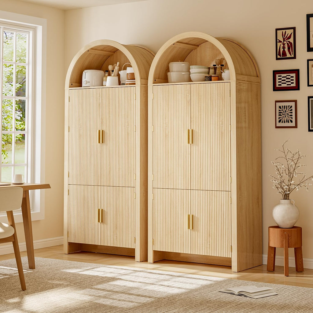 OFIKA 71" Arched Kitchen Pantry Cabinet, Fluted Wood Storage with 3 Adjustable Shelves & 6 Door Shelves, Modern Organizer for Kitchen, Bathroom, Natural Wood Finish (Wood)