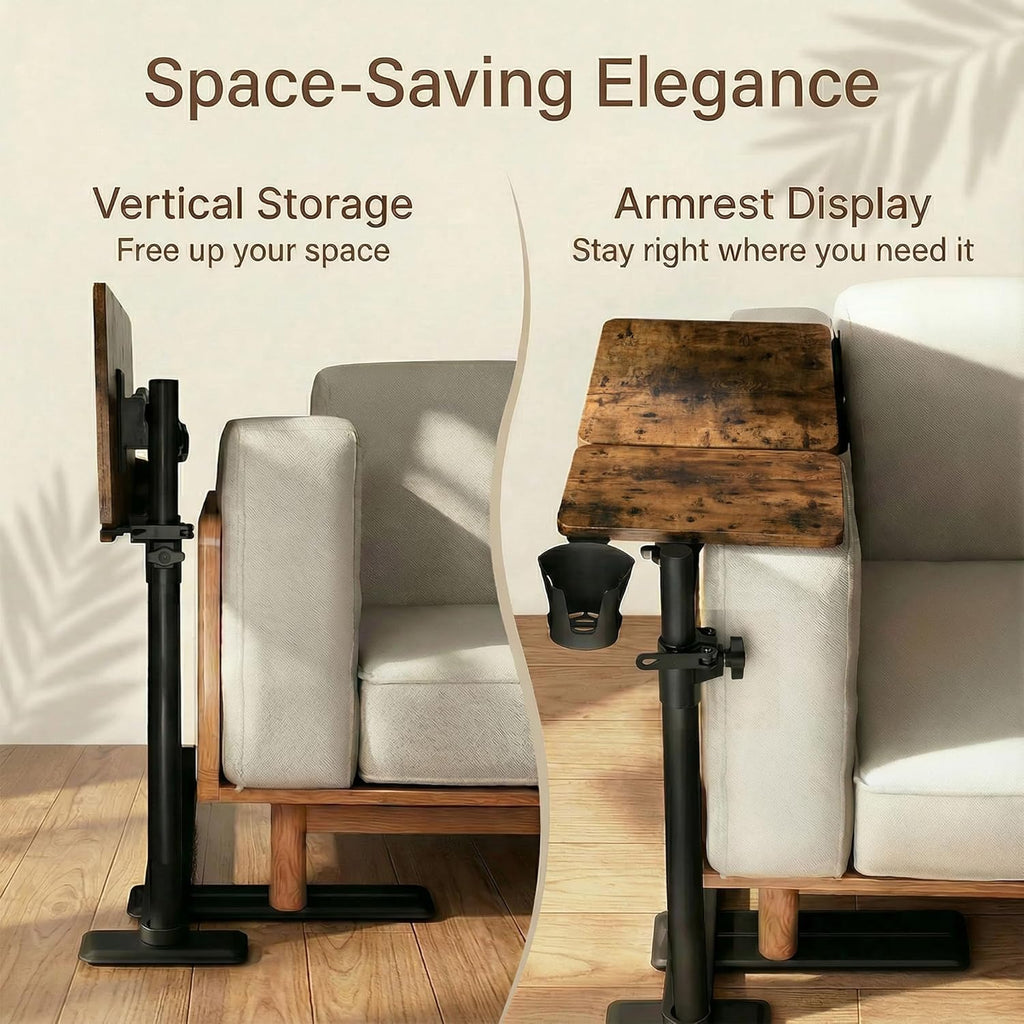 YUHFERA Swivel Table for Recliner Chair with Tilting Top, Adjustable Laptop Side Table for OverCouch & Sofa, Slide Under Tray Tables for Eating & Reading, Armchair Desk (Rustic Brown)