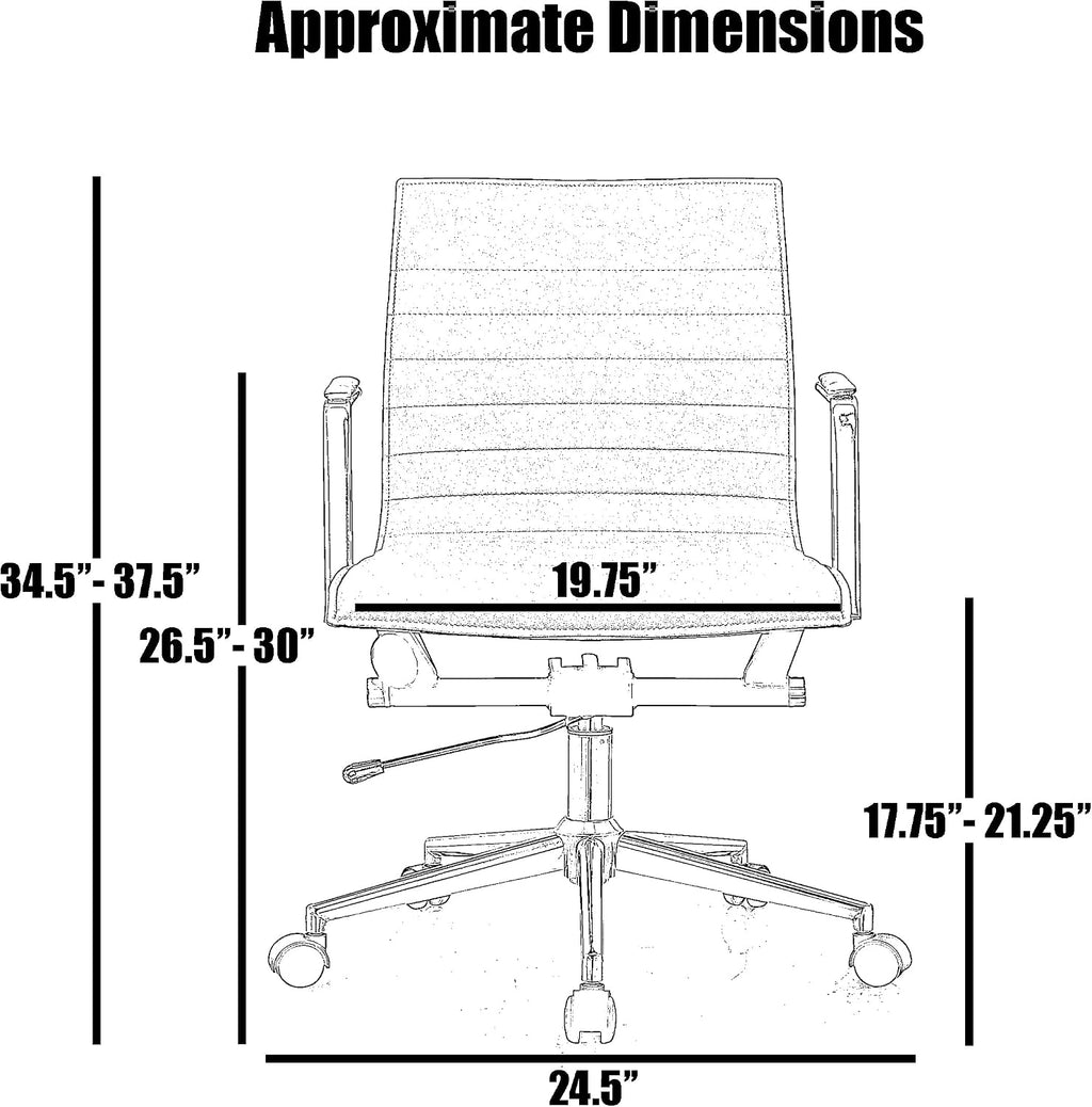 2xhome Modern Office Chairs | Upholstered PU Leather Ribbed Mid Back with Metal Frame | Adjustable Height, Tilt Lock | Computer Desk Chair, Meetings Parent (2, Grand Black, Armchair)
