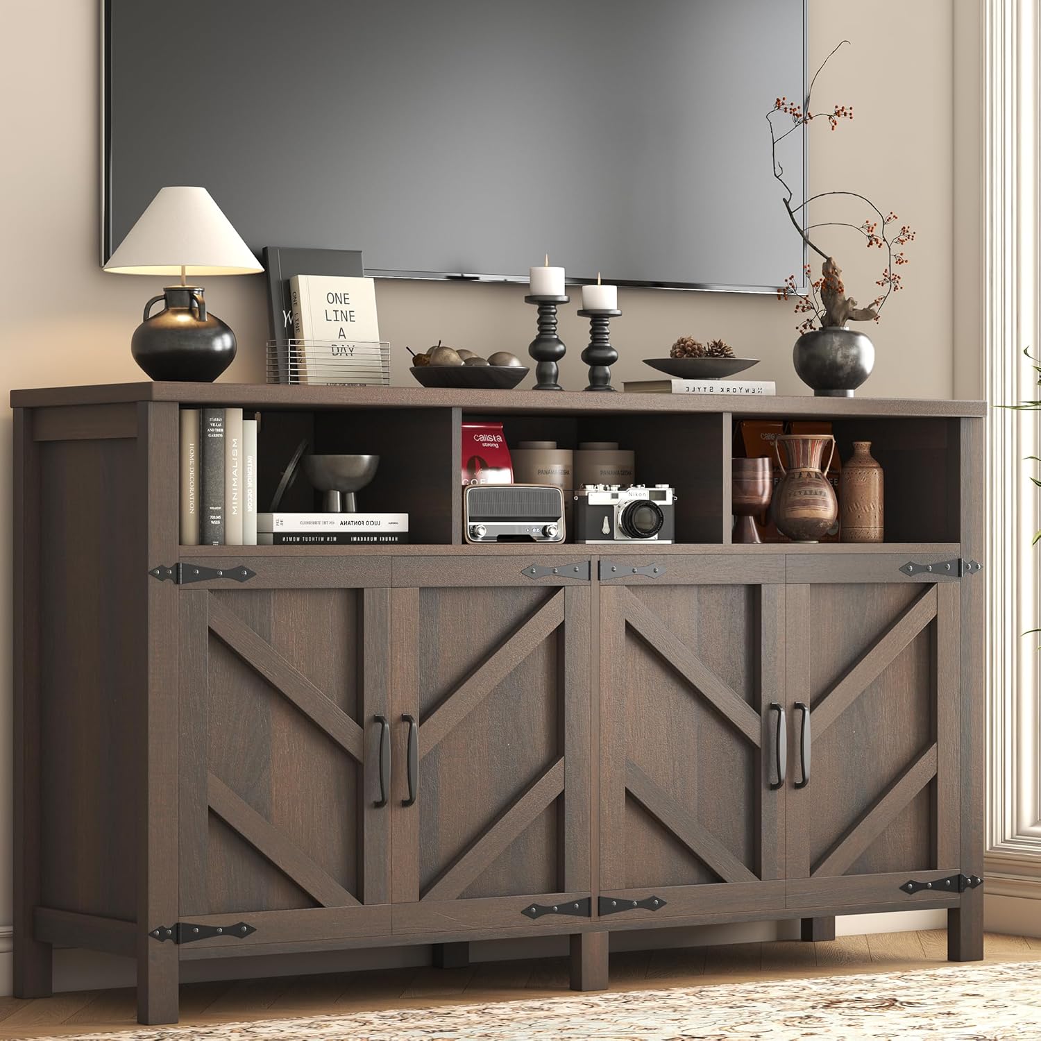 knoworld Buffet Sideboard with Storage Farmhouse with 4 Doors, 55'' Large Kitchen Storage Cabinet Wood Coffee Bar Cabinet Buffet Table with Shelves for Kitchen, Dining Room, Entryway (Brown, 55in)