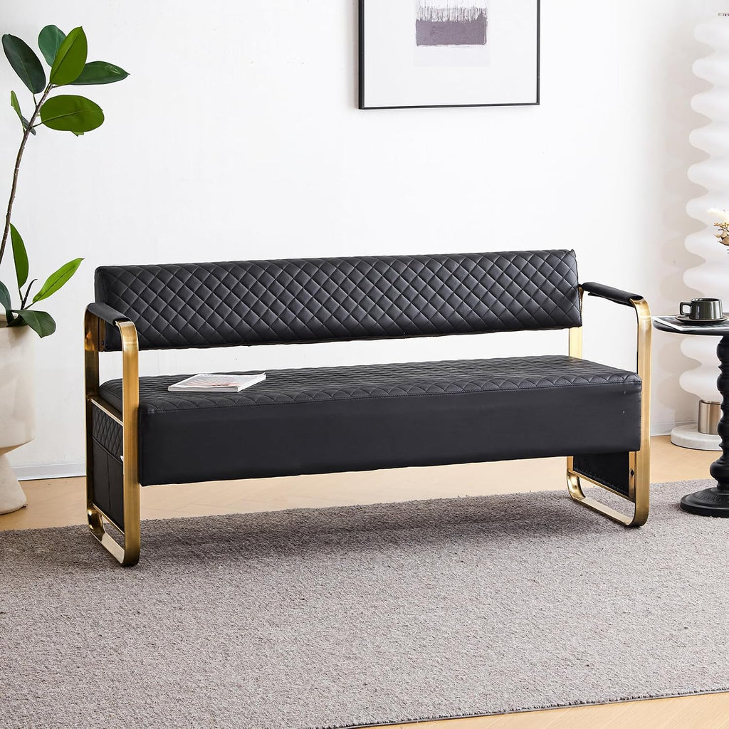 OmySalon Waiting Room Chairs with Arms, 57.5’’ Office Guest Chair upholstered Bench Seating, Reception Furniture for Beauty Salon Barbershop Airport Bank Hall Room Conference, Black&Gold