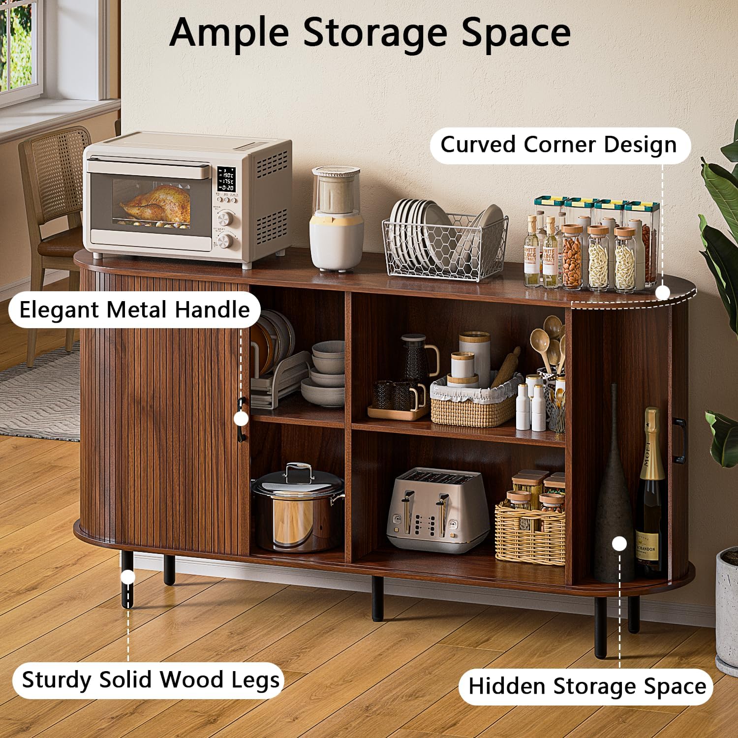 TAVATA Sideboard Buffet Cabinet with Storage, 55" Fluted Storage Cabinet with Tambour Sliding Doors, Wood Coffee Bar Console Table for Living Room Hallway Entryway (Walnut)