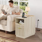 iPormis Fluted End Table Set of 2 with Charging Station, 2 Drawers Narrow Side Table for Living Room, Farmhouse Night Stand with with Open Shelf, Wooden Bedside Table for Bedroom Small Space, Natural