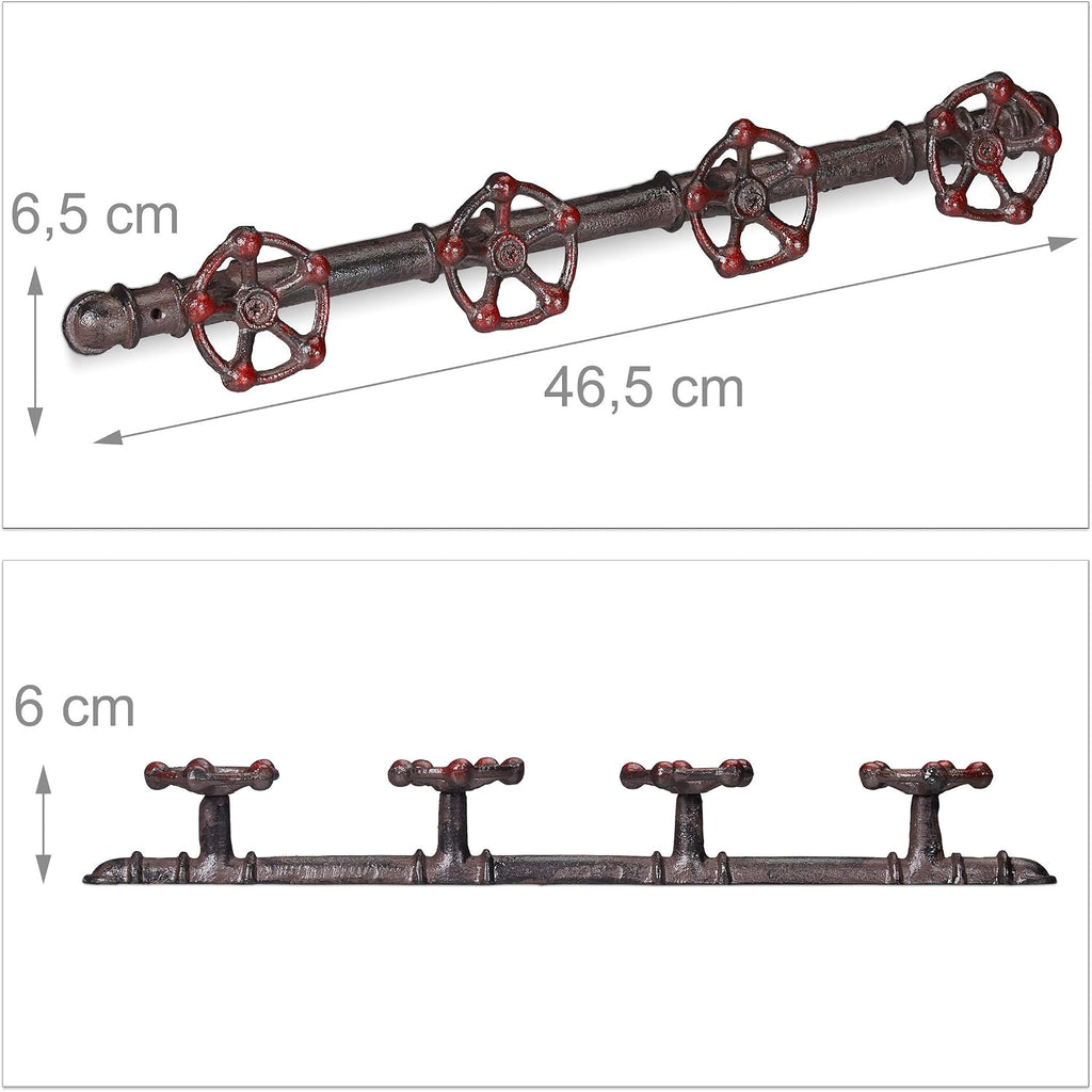 Relaxdays Wall-Mounted Coat Rack, 4 Hooks, Cast Iron, Deco Pipeline Look, Rustic, H x W x D: 6.5 x 46.5 x 6 cm, Brown