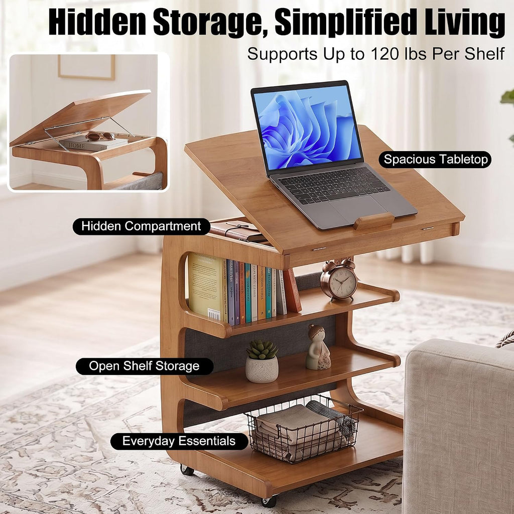 100% Solid Wood C Shaped End Table with Swivel Wheels, Lift Top Couch Table with Storage, Rolling Table that Slide Under Sofa & Bed, 15.75" D x 23.62" W x 24.8" H