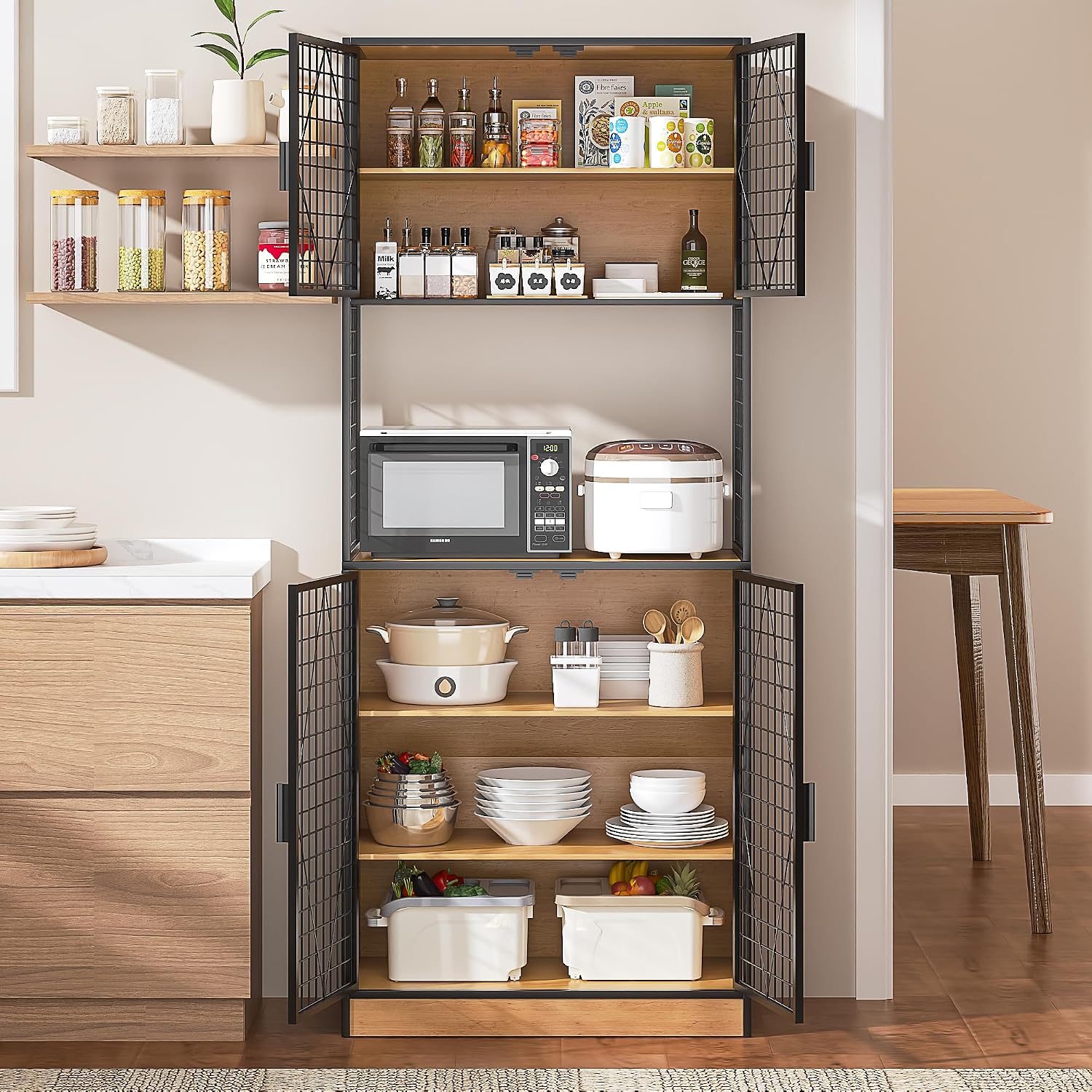 VECELO 72in Tall Kitchen Pantry Cabinet Set of 2 with Doors and Shelves, Large Freestanding Storage Cupboard with Countertop Hutch, Oak