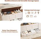 HOMEFORT 44.3" Storage Chest with 2 Drawers, Retro Wooden Storage Trunk with 2 Safety Hinges,Large Shoe Bench with Storage for Entryway, Storage Bench for Bedroom, Living Room, White and Brown