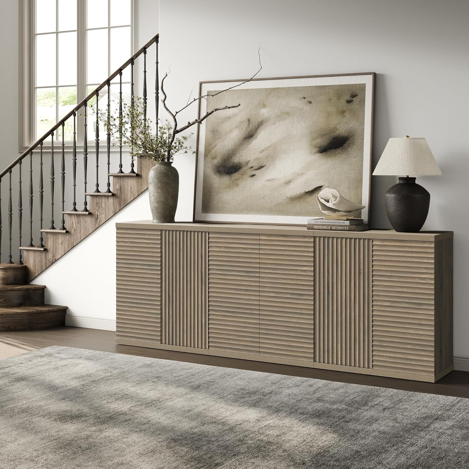 SICOTAS Buffet Cabinet with Storage Accent Sideboard Modern Credenza with Doors & Shelves Fluted Media Console Mid Century Coffee Bar Table for Living Room Kitchen Dining Room Hallway (3PCS)