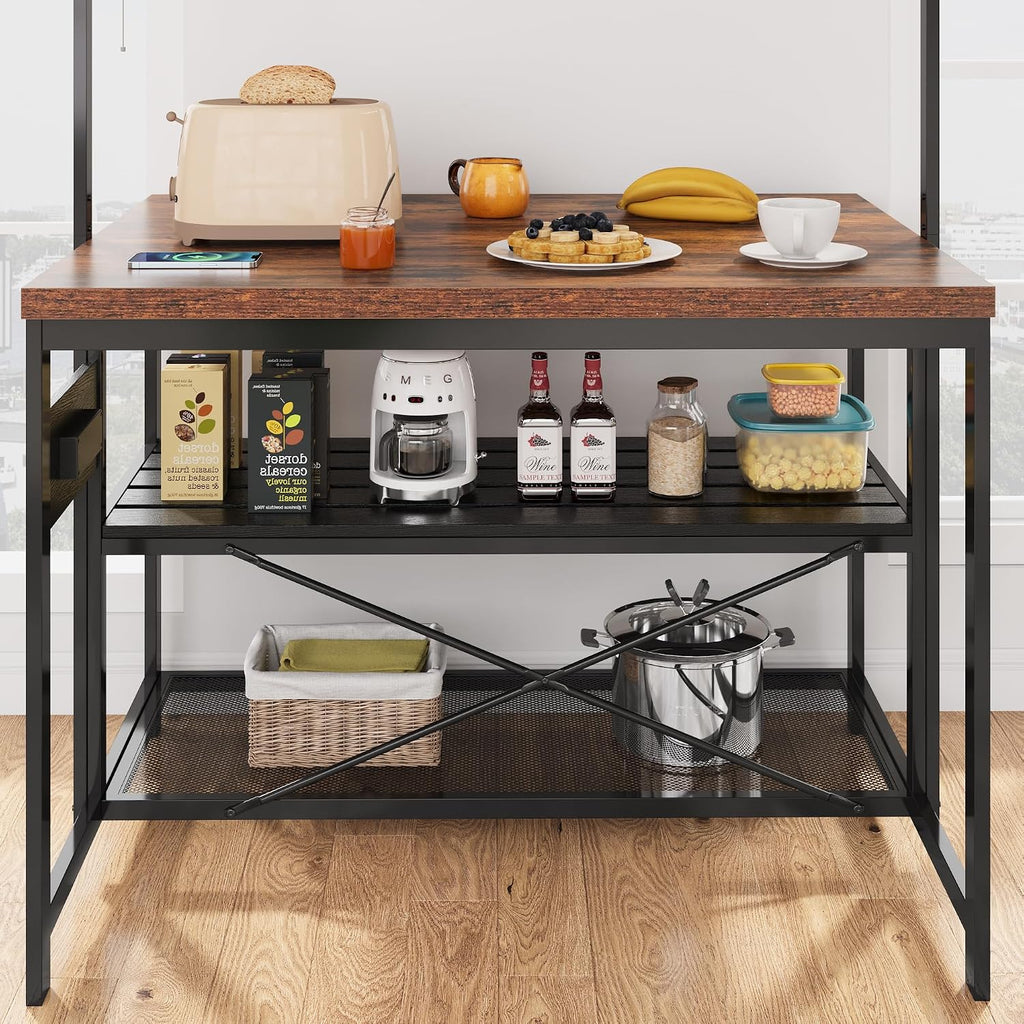 47" Kitchen Island with Storage and Power Outlet - 3-Tier Bakers Rack Microwave Stand, Industrial Coffee Bar Table with Built-in 4-Outlet Power Hub, 5 Hanging s-Hooks & Open Tiered Shelves for Dining