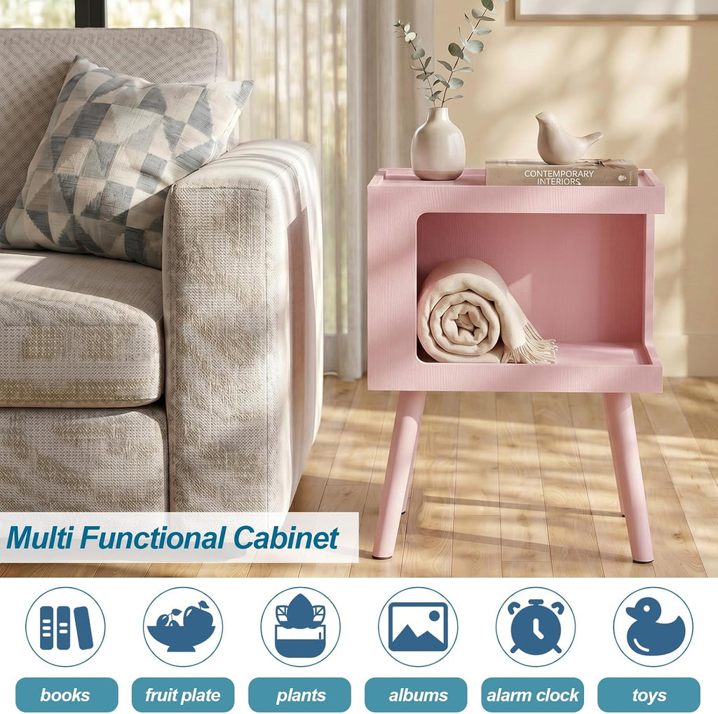 Nightstand,Pink Night Stand,Modern End Table with Open Storage,2-Tier Wooden End Side Table,Nursery Bedside Table for Small Space, Living Room, Bedroom