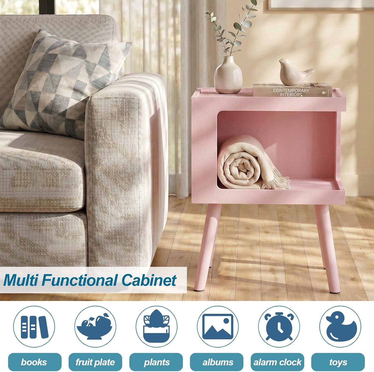 Nightstand,Pink Night Stand,Modern End Table with Open Storage,2-Tier Wooden End Side Table,Nursery Bedside Table for Small Space, Living Room, Bedroom