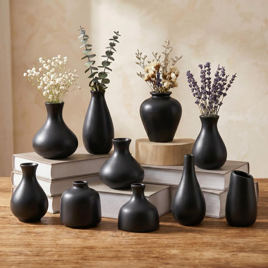 Black Ceramic Bud Vase Set of 10, Small Vases for Pampas Grass, Flowers, Mini Vases for Modern Home Decor, Minimalist Decor, for Living Room, Dining Table & Shelves