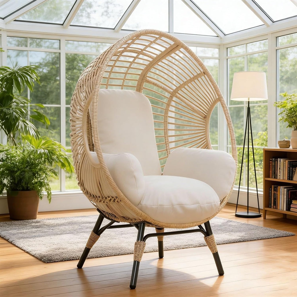 Wicker Chair Egg Style, 400lbs Capacity, Indoor Outdoor, 8-Inch Plush Cushion Balcony Chairs(Natural)