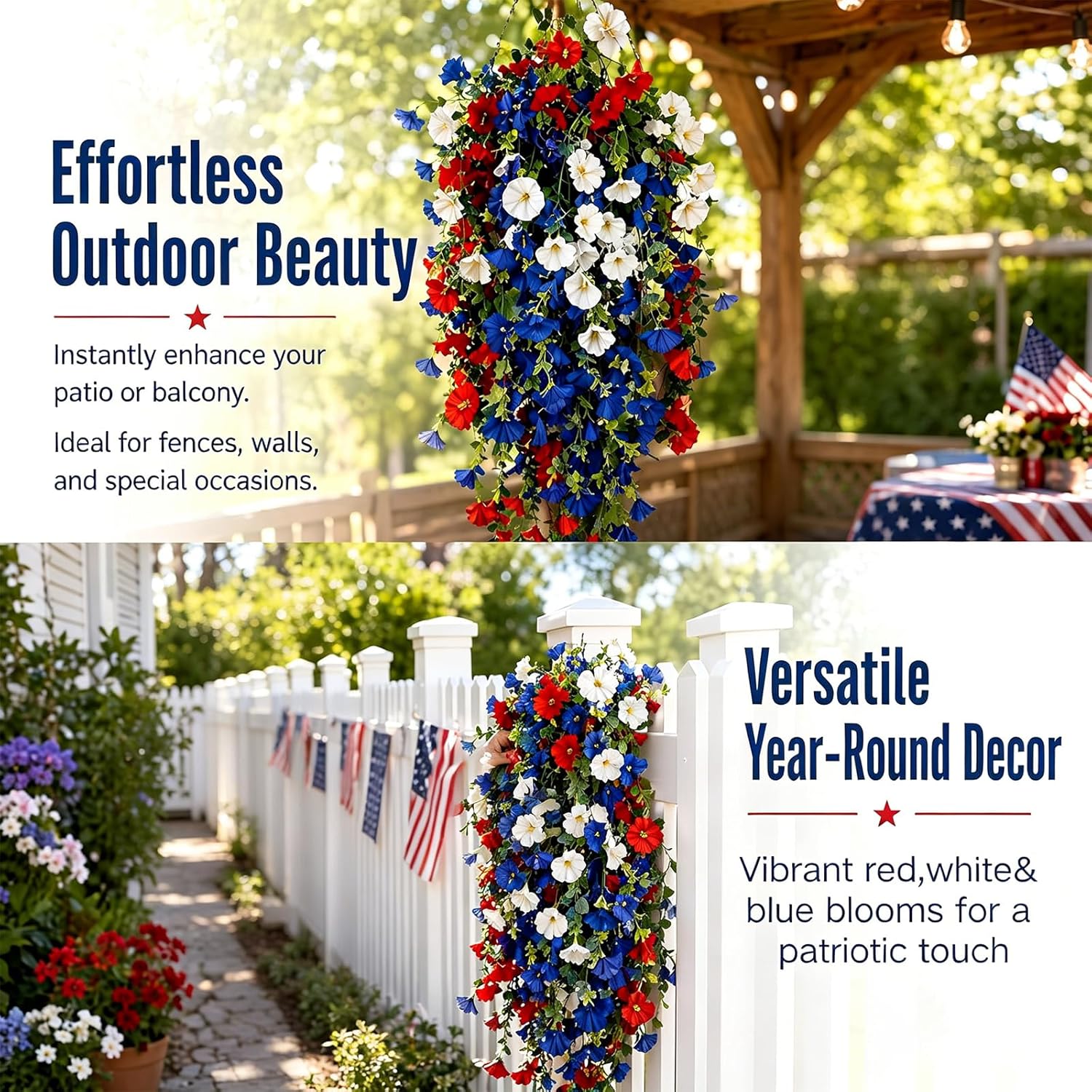 4th of July Decoration Tricolor Patriotic Artificial Flower, UV Resistant Red White Blue Artificial Morning Glory Vines, Patriotic Artificial Plants for Independence Day, Outdoor Decor (2 Pcs)
