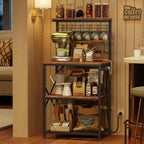 Furologee Kitchen Bakers Rack with Power Outlet, Microwave Oven Stand with Storage 4 Tiers, Coffee Bar Table with 6 S Hooks, Kitchen Storage Shelf Rack for Spices, Pots, Rustic Brown