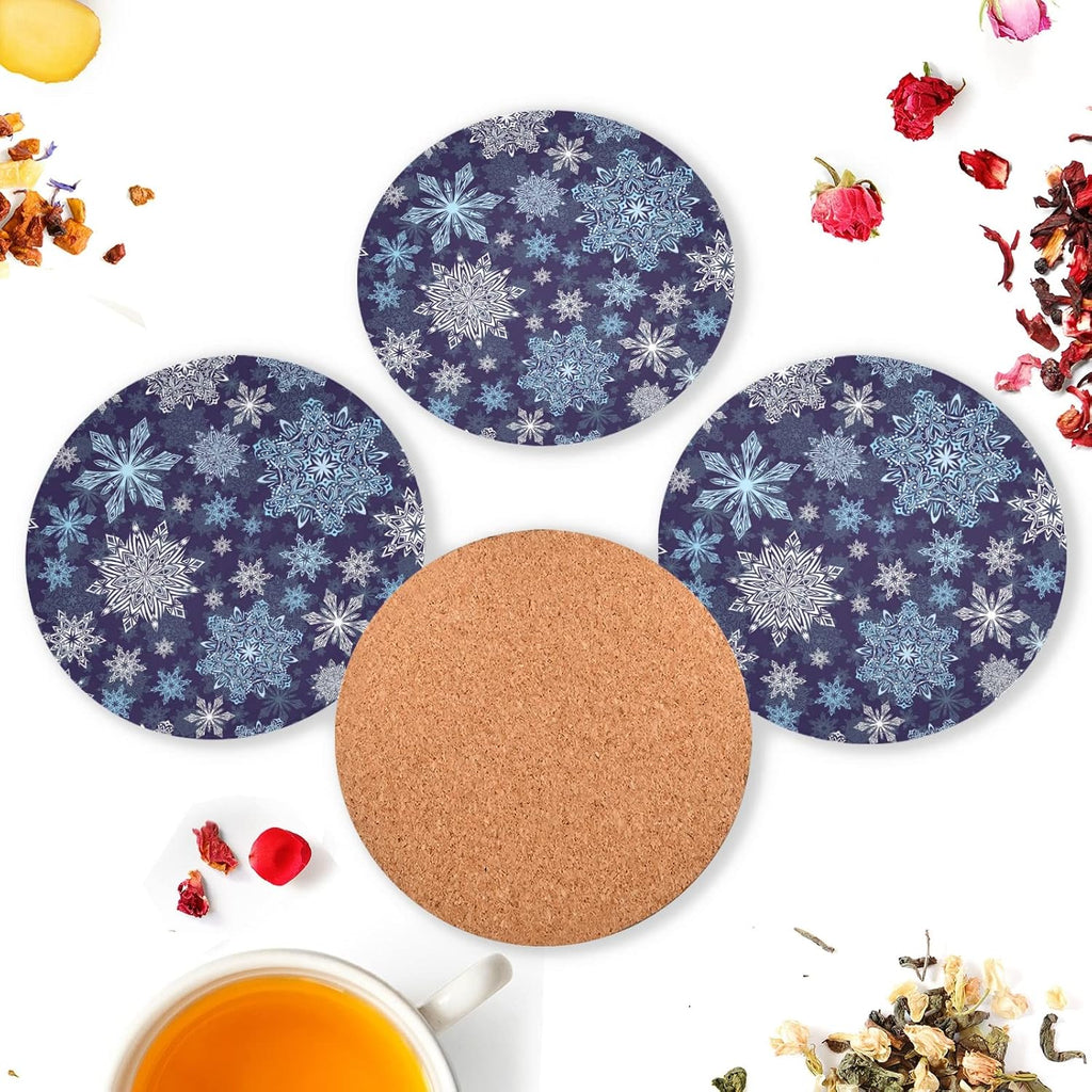 4 Pieces Blue & White Snowflake Christmas Coasters Set, Non-slip Heat-Resistant Absorbent Drink Coaster with Cork Base, Round Cup Mat Pad for Kitchen Bar Cafe Deco, Perfect Housewarming Gifts 3.9" x 0