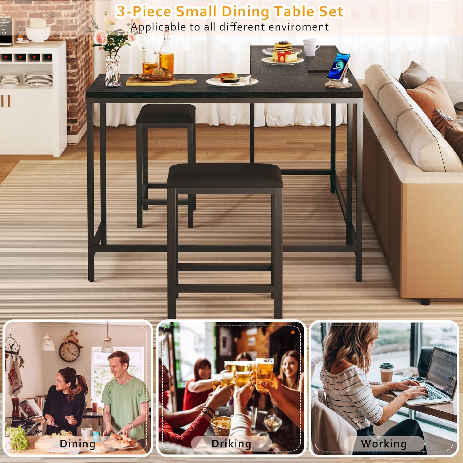 HUAHUU Bar Table and Chairs Set for 2-4, 63'' Convertible L-Shaped Kitchen Table with Power Outlets, 3 Piece Counter Height Small Dining Table with 2 Stools, Space Saving, Breakfast Nook Corner, Black