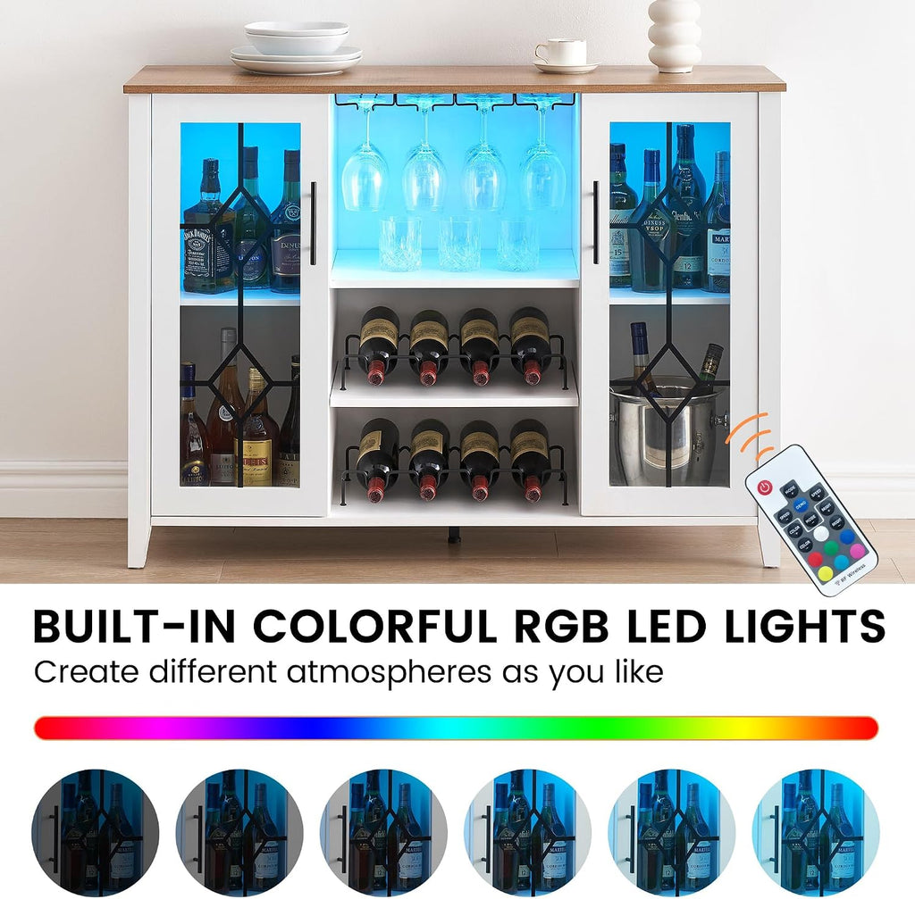 GarveeHome Wine Bar Cabinet with LED Light, Home Coffee Cabinet with Wine and Glass Rack, Kitchen Buffet Sideboard with Storage, Liquor Cabinet for Bar, Dining Room, Kitchen,White