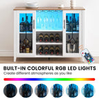 GarveeHome Wine Bar Cabinet with LED Light, Home Coffee Cabinet with Wine and Glass Rack, Kitchen Buffet Sideboard with Storage, Liquor Cabinet for Bar, Dining Room, Kitchen,White