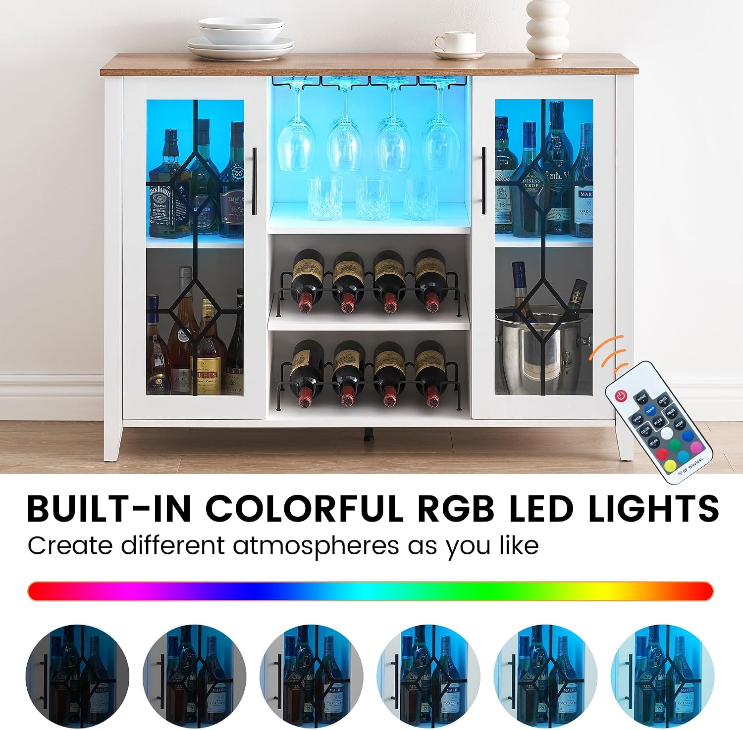 GarveeHome Wine Bar Cabinet with LED Light, Home Coffee Cabinet with Wine and Glass Rack, Kitchen Buffet Sideboard with Storage, Liquor Cabinet for Bar, Dining Room, Kitchen,White