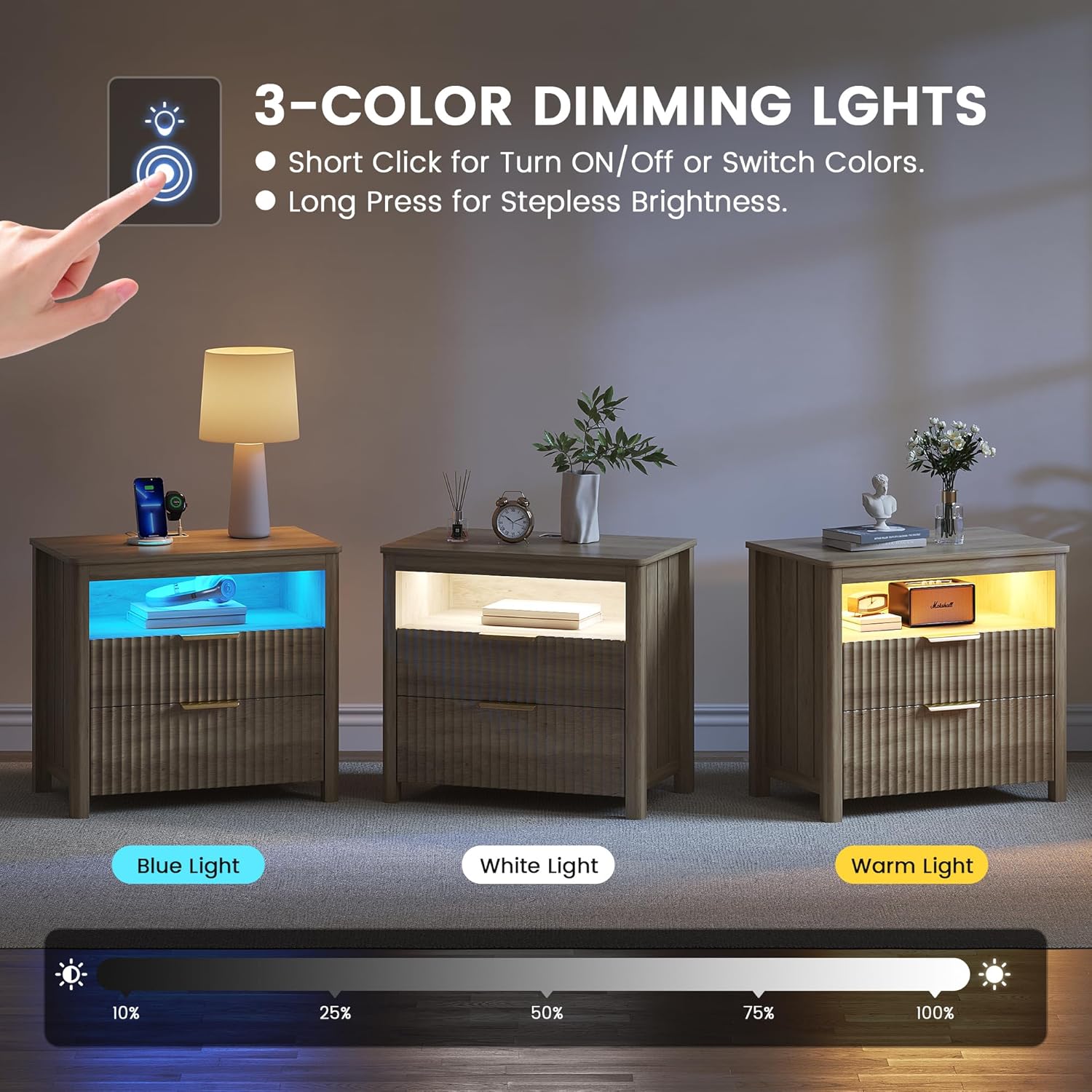 Gurexl 3-Color LED Sensor Nightstand with Gun Drawer, Charge Station, Wood