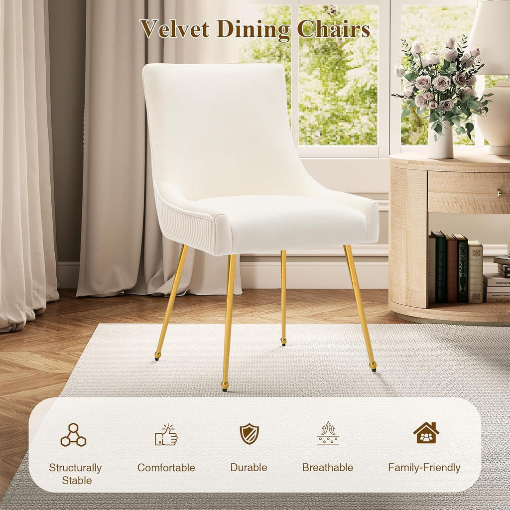 adochr Velvet Dining Chairs Set of 4, Modern Upholstered Kitchen Chair with Pull Handle & Pleated Back, Mid Century Accent Chair with Gold Metal Legs for Vanity,Dining,Kitchen,Living Room, Beige