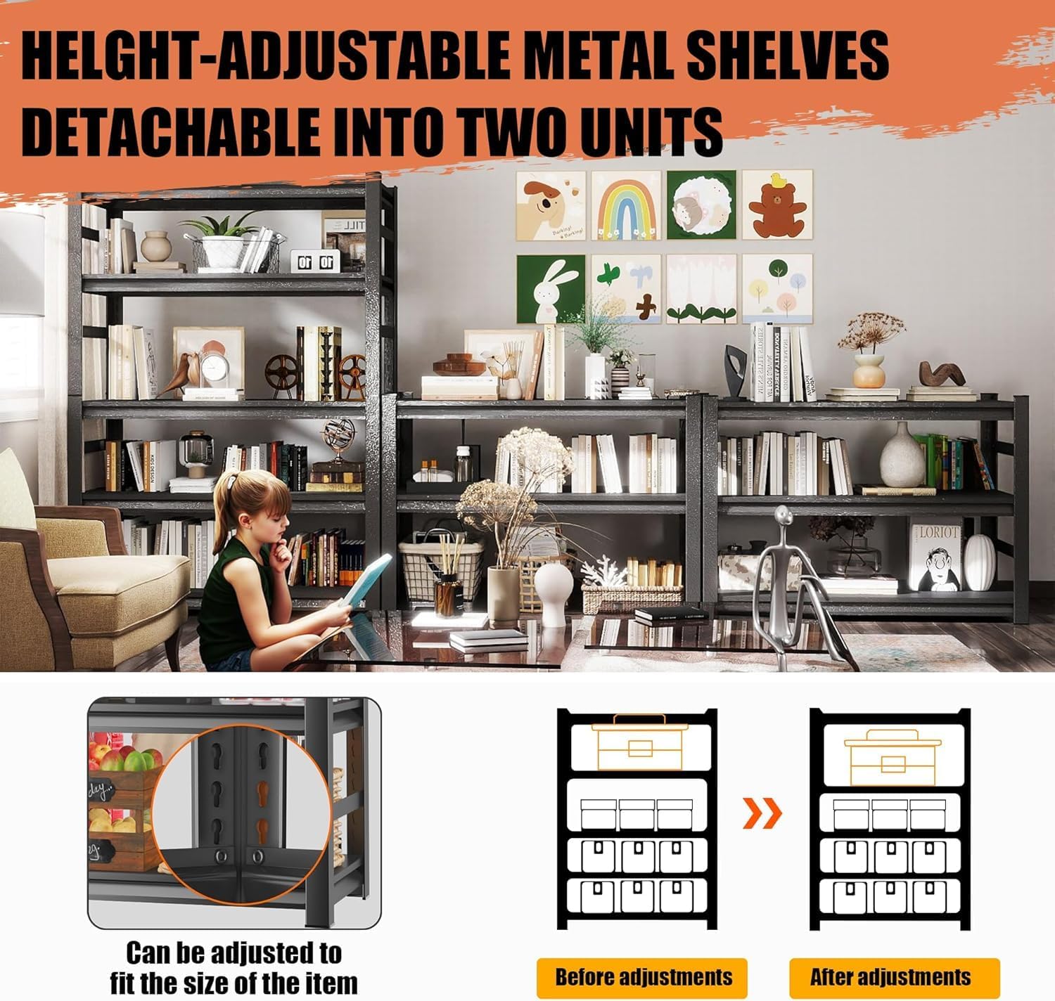 78''H Metal Bookshelf, 5-Tier Bookshelve, Heavy Duty Steel Bookcases, Large Storage Capacity Adjustable Tall Industrial Bookshelf for Living Room, Bedroom and Library, Black (78''Hx36''Wx12''D)