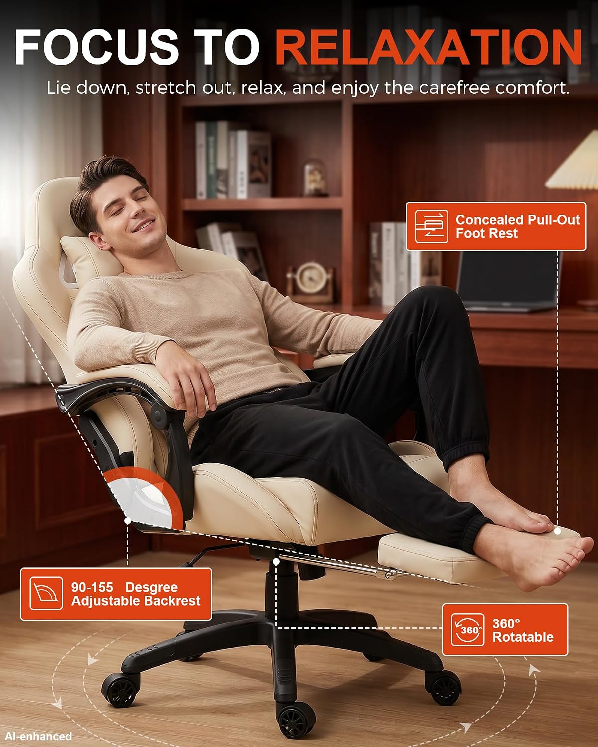 Big and Tall Gaming Chair with Massage and Footrest, Ergonomic High Back PU Leather Computer Office Chair for Heavy Adults, Supports 350LBS, Modern Ivory