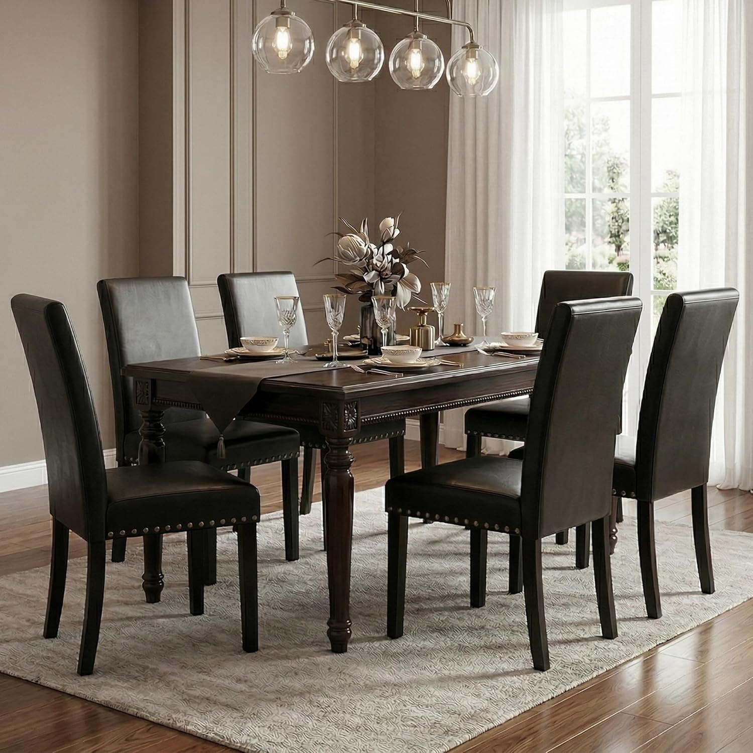 LSSBOUGHT Dining Chairs Set of 6, Modern Dining Room Chair,Upholstered Pu Leather Kitchen Chair with Vintage Copper Nail for Restaurant & Cafe(Black,6pcs)