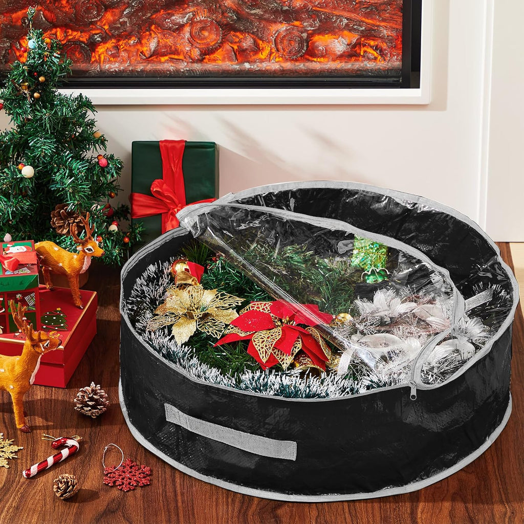4 Pcs Christmas Wreath Storage Bag, Christmas Garland Storage Container with Clear Window, Zipper & Handle for Xmas Holiday Seasonal Wreath Garland Box(Black,30")
