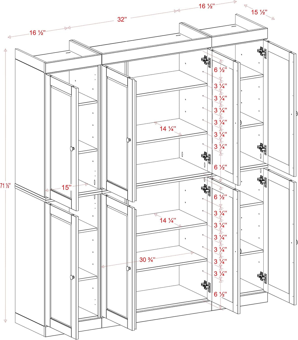 Palace Imports Solid Wood Pantry Cabinet - 71.5" Tall x 65" W - Wood Storage Cabinet w/ 8 Shaker Wooden Doors, 12 Adjustable Shelves - Kitchen Cupboard - Green, 100% Eco-Friendly Pine, Made in Brazil