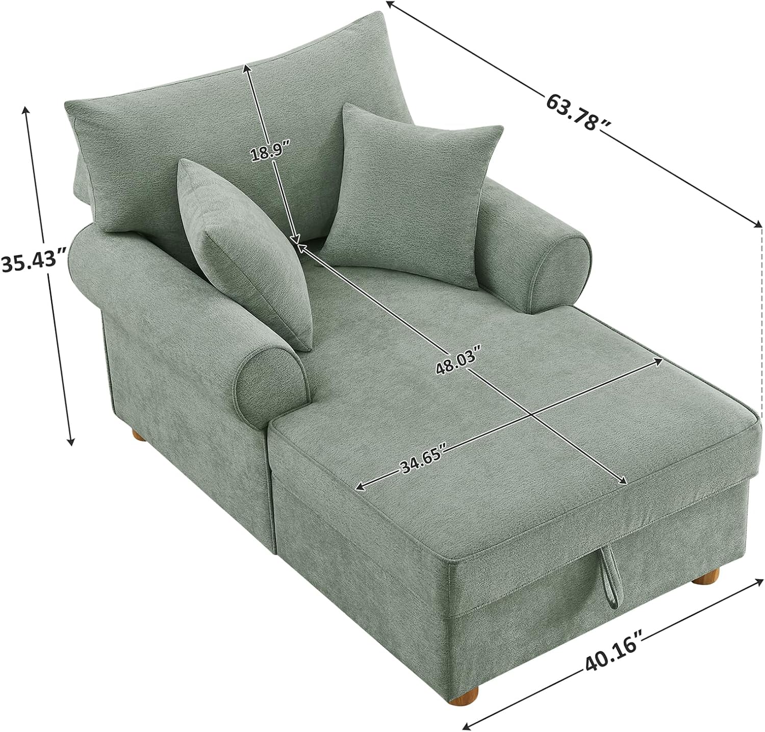 VANOMi Oversized Chaise Lounge Chair Indoor, Comfy Reading Chair with Storage, Chenille Upholstered Sleeper Chair with 2 Pillows Accent Armchair for Living Bedroom, Light Green