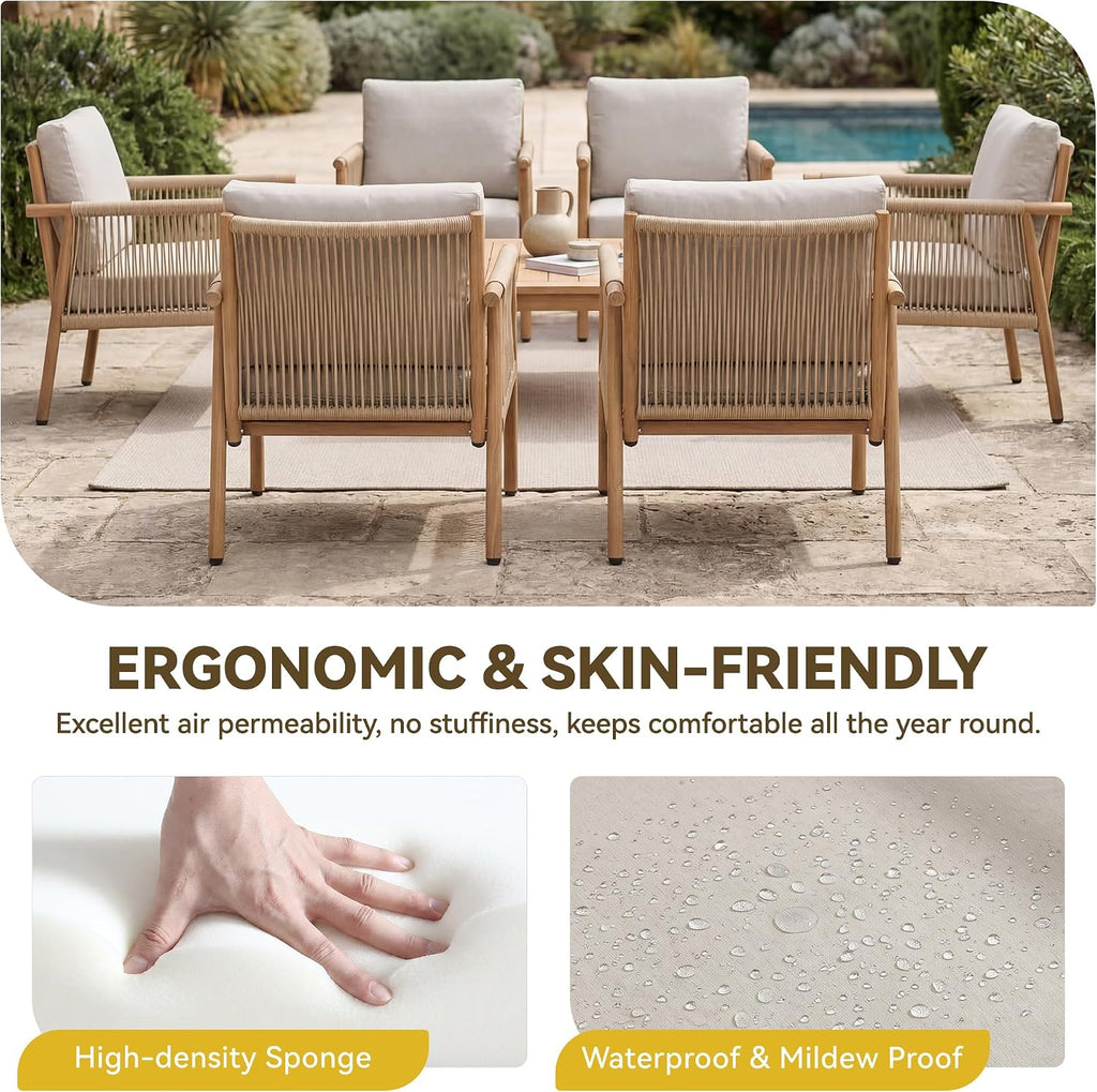 Outdoor Accent Chair, Patio Lounge Chair Set of 2, Hand-Woven Rope with Waterproof Cushions, All-Weather Patio Accent Chairs for Garden, Balcony, Poolside, Grey+Mocha Rope