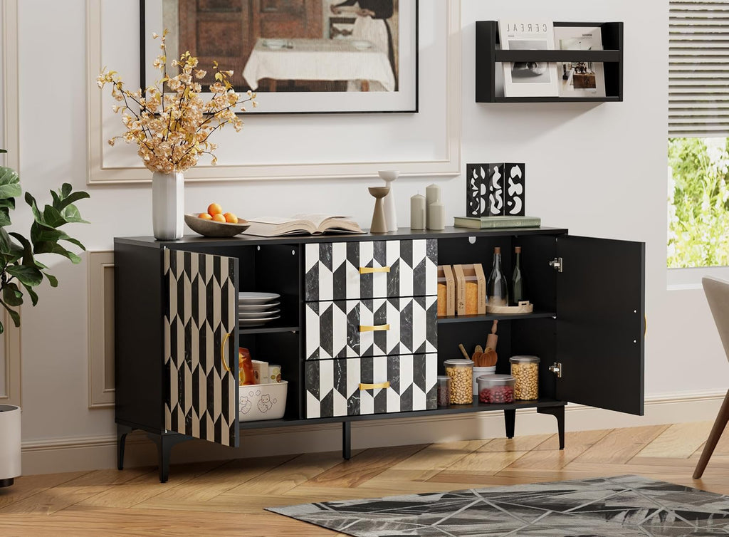 Anbuy Marble Buffet Cabinbet with Storage and 3 Drawers Sideboard Faux Marble Doors Buffet Dining Room Hallway Cupboard Console Table, Liquor/Accent Cabinet(Black)