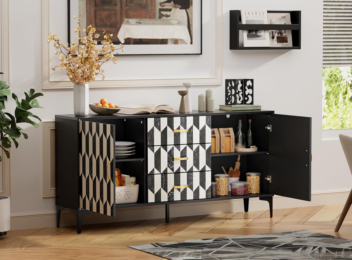 Anbuy Marble Buffet Cabinbet with Storage and 3 Drawers Sideboard Faux Marble Doors Buffet Dining Room Hallway Cupboard Console Table, Liquor/Accent Cabinet(Black)