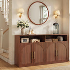 Fluted Buffet Cabinet with Storage, 63" Wide Wood Sideboard Credenza with 4 Doors & Open Storage Shelf, Modern Kitchen Entryway Accent Table for Dining Room Living Room, Kitchen, Hallway, Walnut