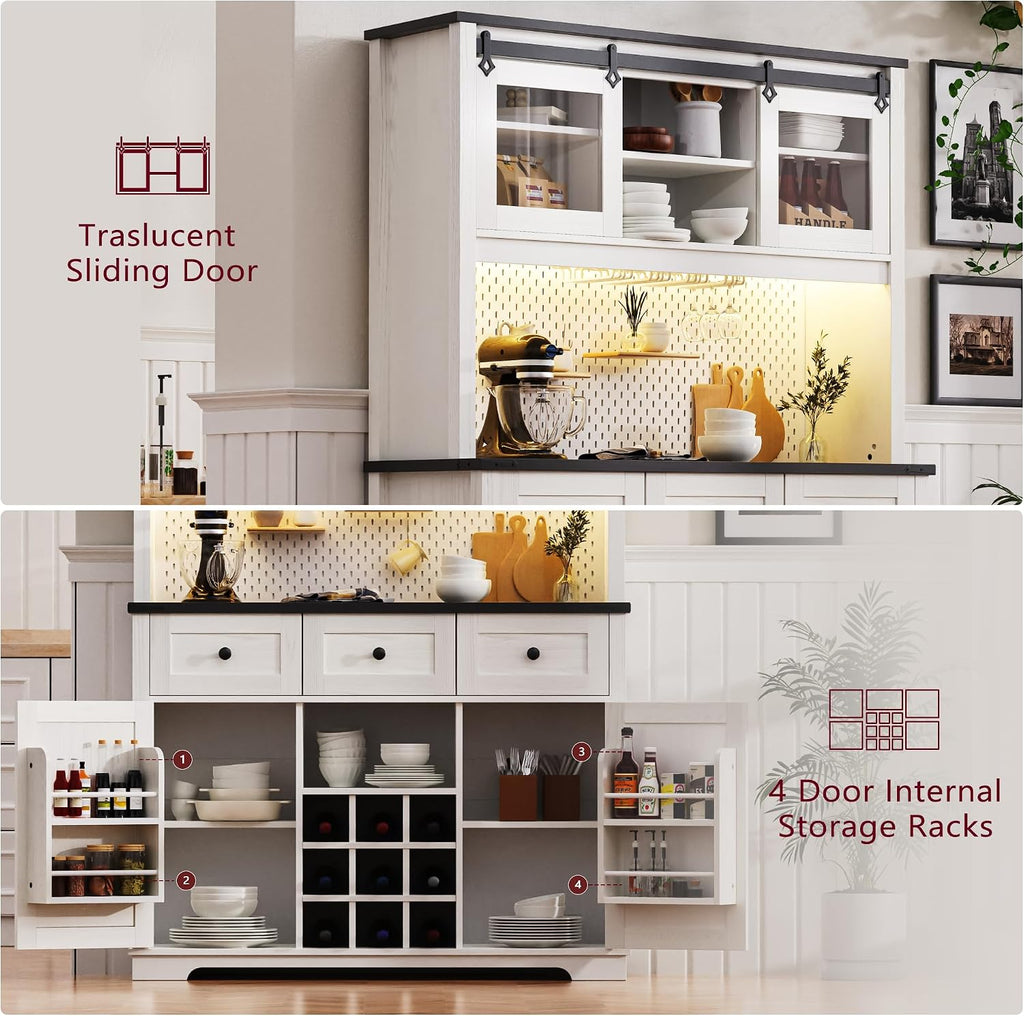 Spaco 71" Pantry Bar Cabinet with Hutch,Farmhosue Kitchen Buffet Sideboard with Power Outlet,3 Deep Drawers,4 Door Shevles,Wine & Glasses Rack,Rustic Coffee Bar Cabinet for Living Room,Dining Room.