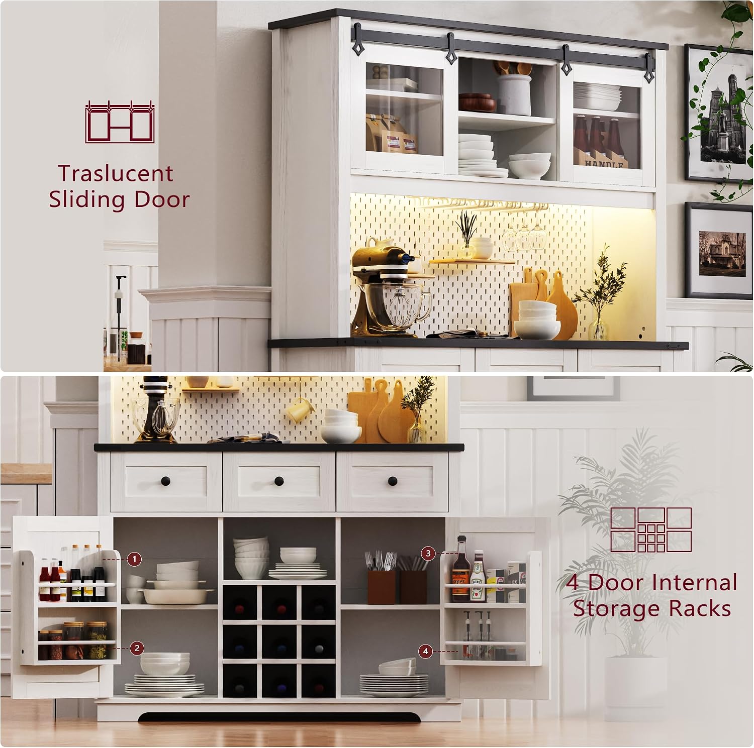 Spaco 71" Pantry Bar Cabinet with Hutch,Farmhosue Kitchen Buffet Sideboard with Power Outlet,3 Deep Drawers,4 Door Shevles,Wine & Glasses Rack,Rustic Coffee Bar Cabinet for Living Room,Dining Room.