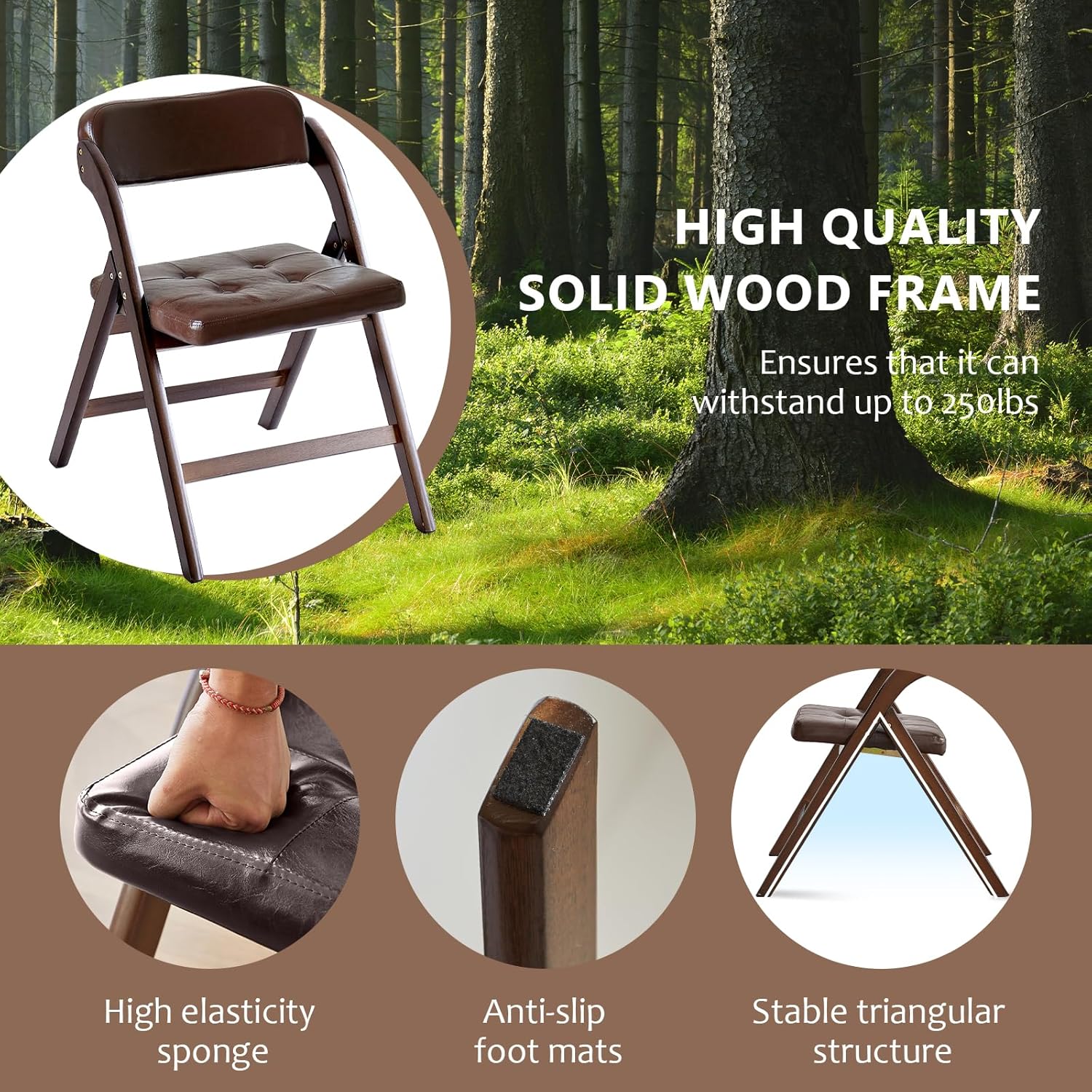 Wood Folding Chairs Set of 2, Upholstered Foldable Dining Chairs with Padded Seat and Backrest, Portable Accent Chairs for Kitchen, Dining Room, Apartment, Guest Seating, Walnut and Brown