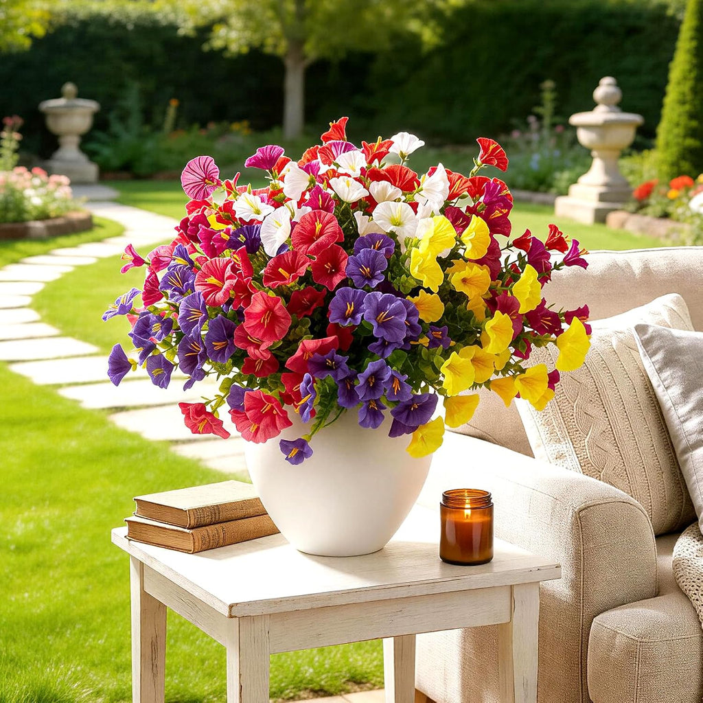 Artificial Flowers for Outdoors, 12 Bundles Fake Plants for Outside Decoration, UV Resistant No Fade, Realistic High End Silk Plastic Morning Glory for Planter Porch Patio Yard