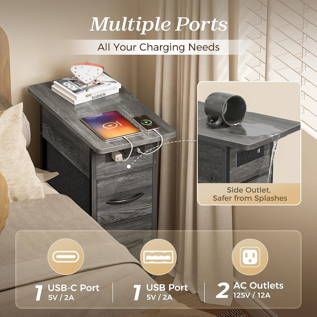 Huuger Narrow End Table with Charging Station, Flip Top Side Table with 2 Fabric Drawers, Slim Night Stand with USB-C Port for Small Spaces, Nightstand Bedside Couch Table, Living Room, Grey