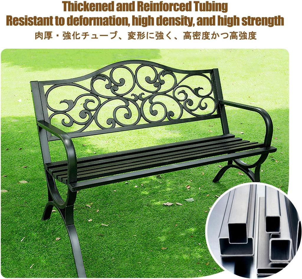 Garden Benches for Outdoors, Patio Benches for Outdoors, Crafted from Wrought Iron, It is Suitable for Use in Parks, Courtyards, and Porches.(Black,Cross-Shaped seat Cushion)