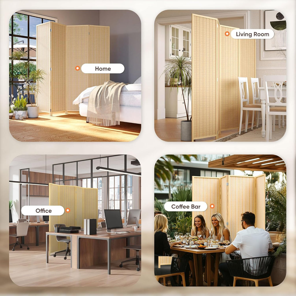 JOSTYLE Room Divider 4 Panel Folding Privacy Screen, Bamboo Room Divider Screen - 6 ft. Tall Wall Divider for Room Separation Freestanding Partition Separators, Beige, 70.9" H x 79.9" W