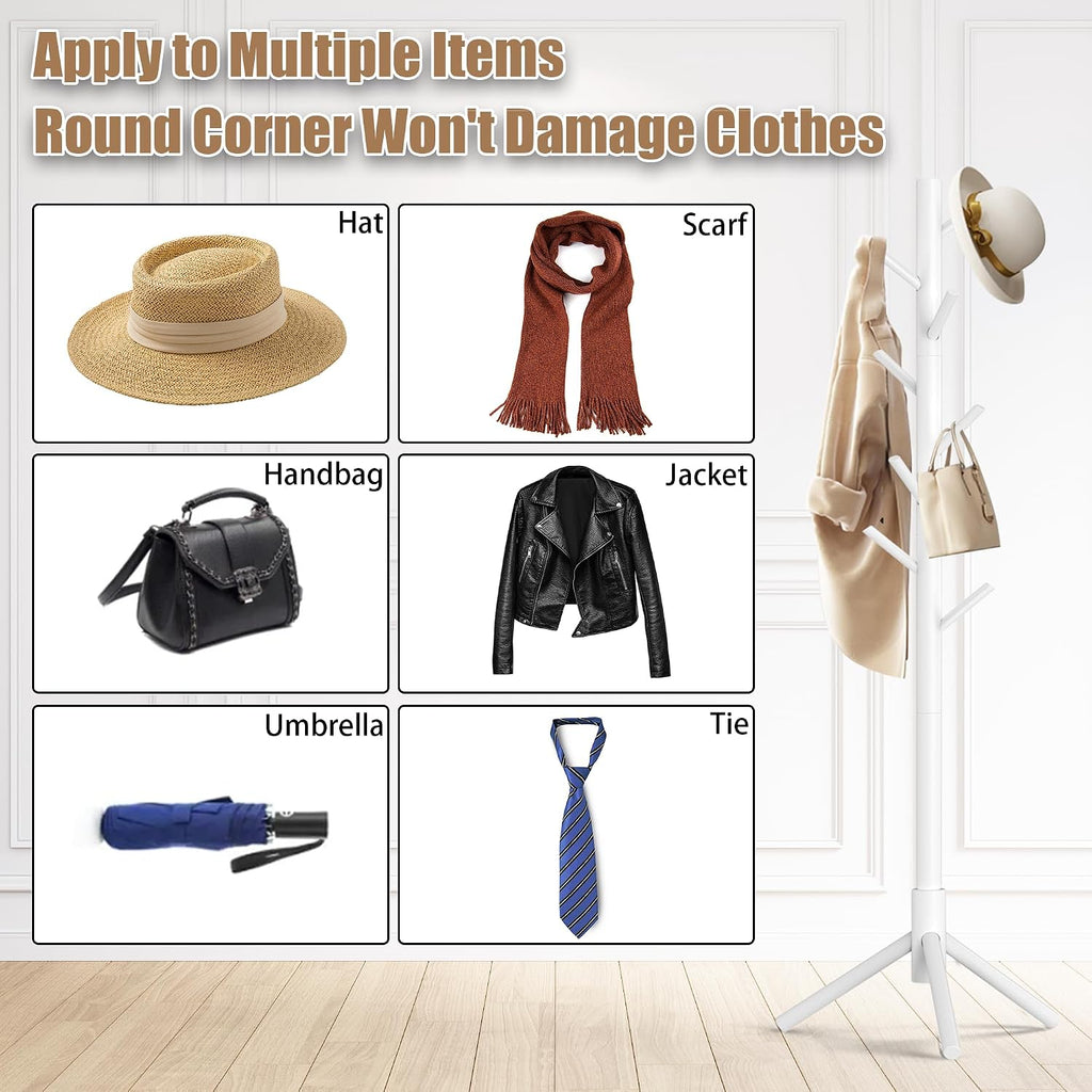 Aliphon Wooden Coat Rack Stand, Freestanding Coat Rack with 8 Hooks, 3 Adjustable Size Coat Tree for Hats, Coats, Scarves bags, Coat Hanger Stand Used in Bedroom/Office/Entryway （White）