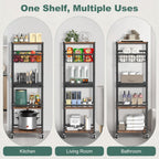Housolution 5 Tier Kitchen Rolling Cart, Storage Cart with Metal Fruit Vegetable Basket and Pull-Out Pot Lid Cutting Board Organizer, Storage Rack with Wooden Top for Kitchen, Pantry, Bathroom, Brown