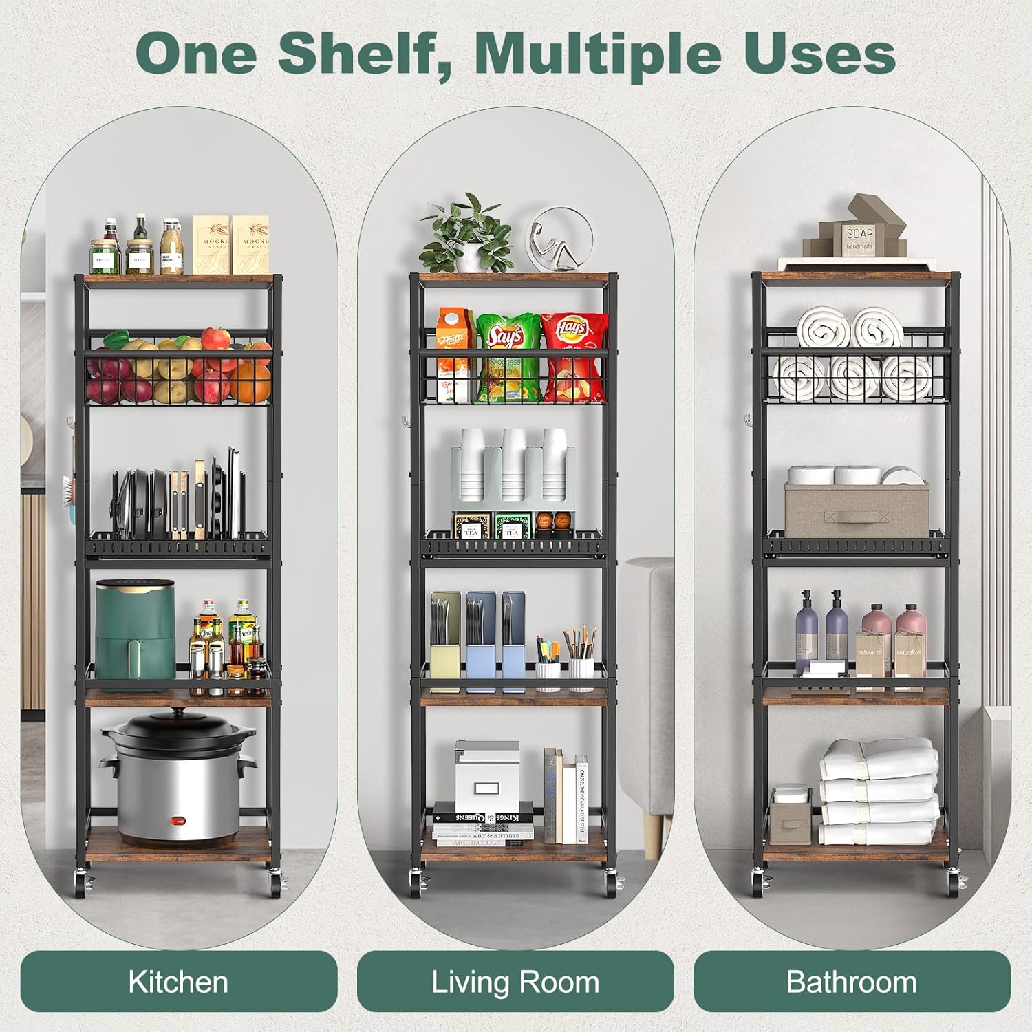 Housolution 5 Tier Kitchen Rolling Cart, Storage Cart with Metal Fruit Vegetable Basket and Pull-Out Pot Lid Cutting Board Organizer, Storage Rack with Wooden Top for Kitchen, Pantry, Bathroom, Brown
