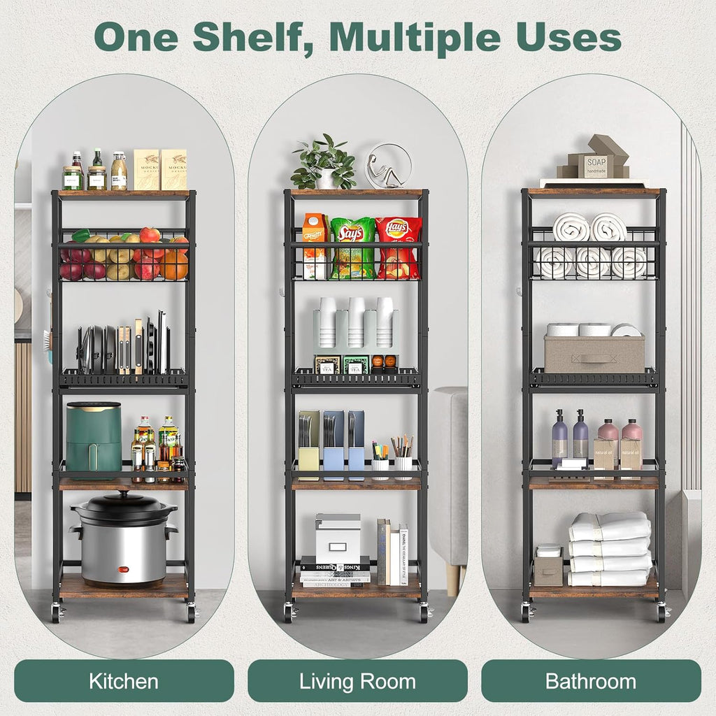 Housolution 5 Tier Kitchen Rolling Cart, Storage Cart with Metal Fruit Vegetable Basket and Pull-Out Pot Lid Cutting Board Organizer, Storage Rack with Wooden Top for Kitchen, Pantry, Bathroom, Brown