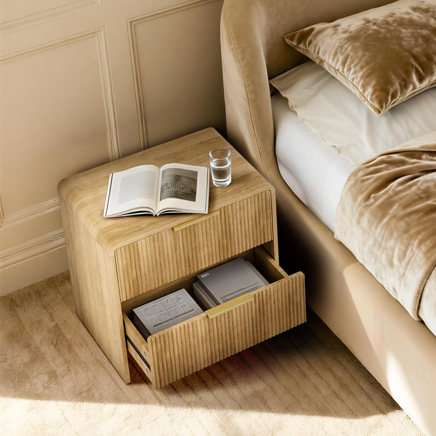 Lab Cosi Nightstand with 2 Drawers,18.9" W Modern Bedside Table with Metal Handles,Fluted Side Table,Mid Century End Table Night Stand for Living Room,Bedroom Sofa Office (Natural Oak)
