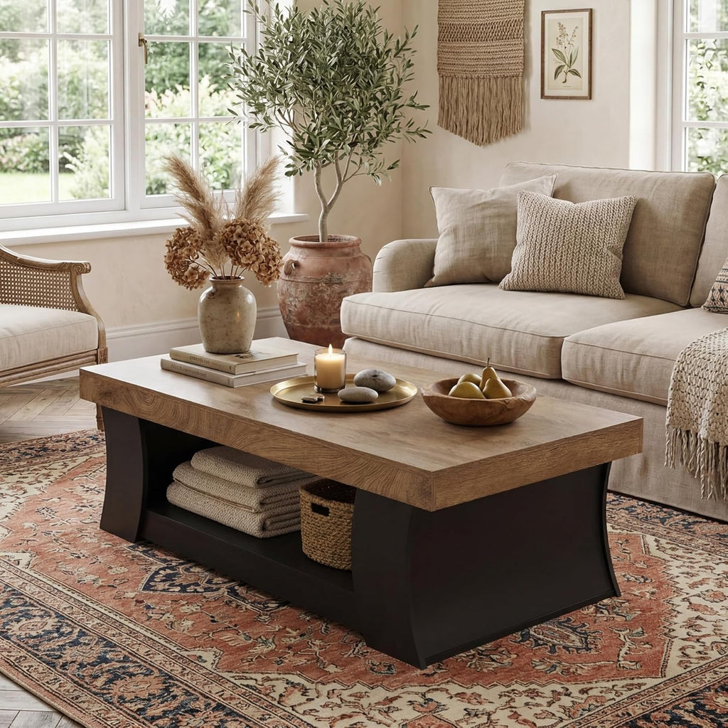 LITTLE TREE 55" Coffee Table, Living Room Table with Storage Shelf, Wooden Coffee Table, Modern Farmhouse Rectangle Center Table for Living Room, Bedroom, Office, Rustic Brown+Black