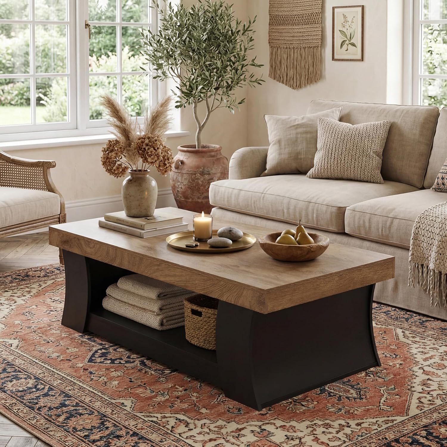 LITTLE TREE 55" Coffee Table, Living Room Table with Storage Shelf, Wooden Coffee Table, Modern Farmhouse Rectangle Center Table for Living Room, Bedroom, Office, Rustic Brown+Black